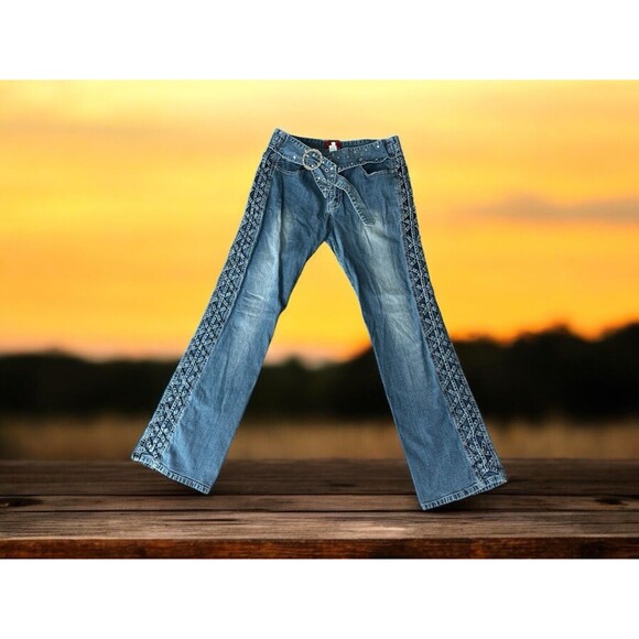 Vtg Y2K Low Waist Flare Jeans Womens 15x32 Medium Wash Stretch Pockets stretchy - Picture 3 of 11
